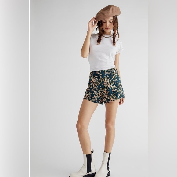 Momo New York Floral Embroidered Silk Shorts X Free People Turquoise Medium Boho - Picture 4 of 12